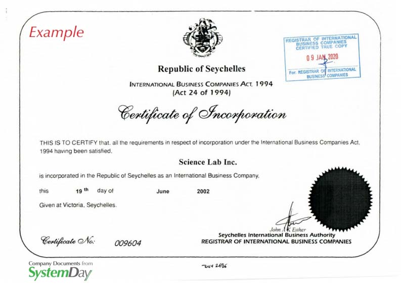Seychelles Certificate of Incorporation